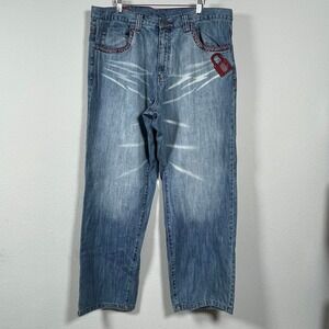 Miskeen Relaxed Jeans Men 36 Blue Baggy Vintage Red Stitching Padlock Y2K Skater
